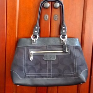 Coach Penelope Signature Shopper Satchel Tote Bag Black Leather
